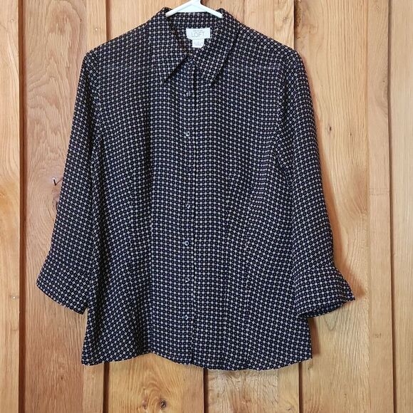 Ann Taylor Loft Black & White 3/4 Sleeve Semi Sheer Button Down Blouse, Size 8 - Picture 1 of 5